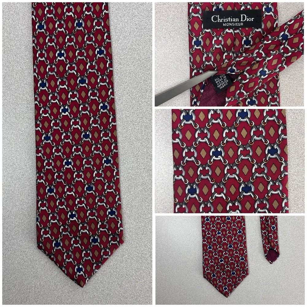 Christian Dior Monsieur‎ Men's Tie 100% Silk Red Chains Made In USA